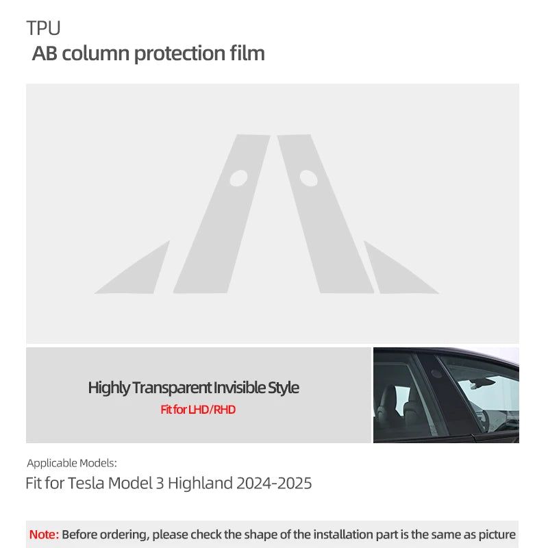 For Tesla Model 3 Highland 2024 Model Y 2019-2025 Juniper Car Body A B Center Pillar TPU Protector Film Decoration Accessories