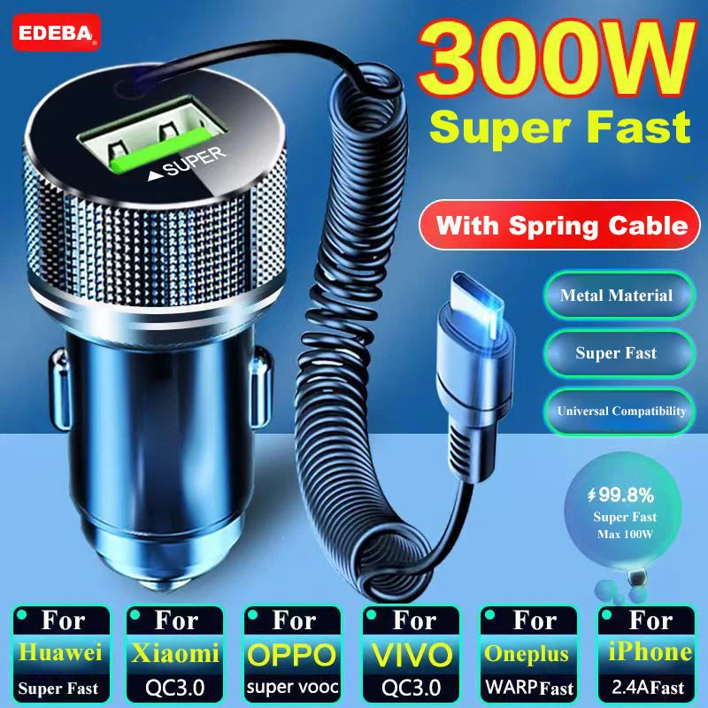 EDEBA Metal USB Car Charger with Type C Cable | 12V Super Fast Vehicle Adapter 2 in 1