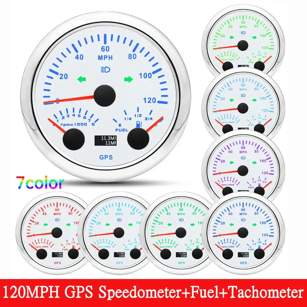HD Customized 85MM 3 IN 1 Gauge 120kmh 120MPH GPS Speedometer Fuel Gauge Voltage Voltmeter Tachometer RPM Sesnor With Antenna