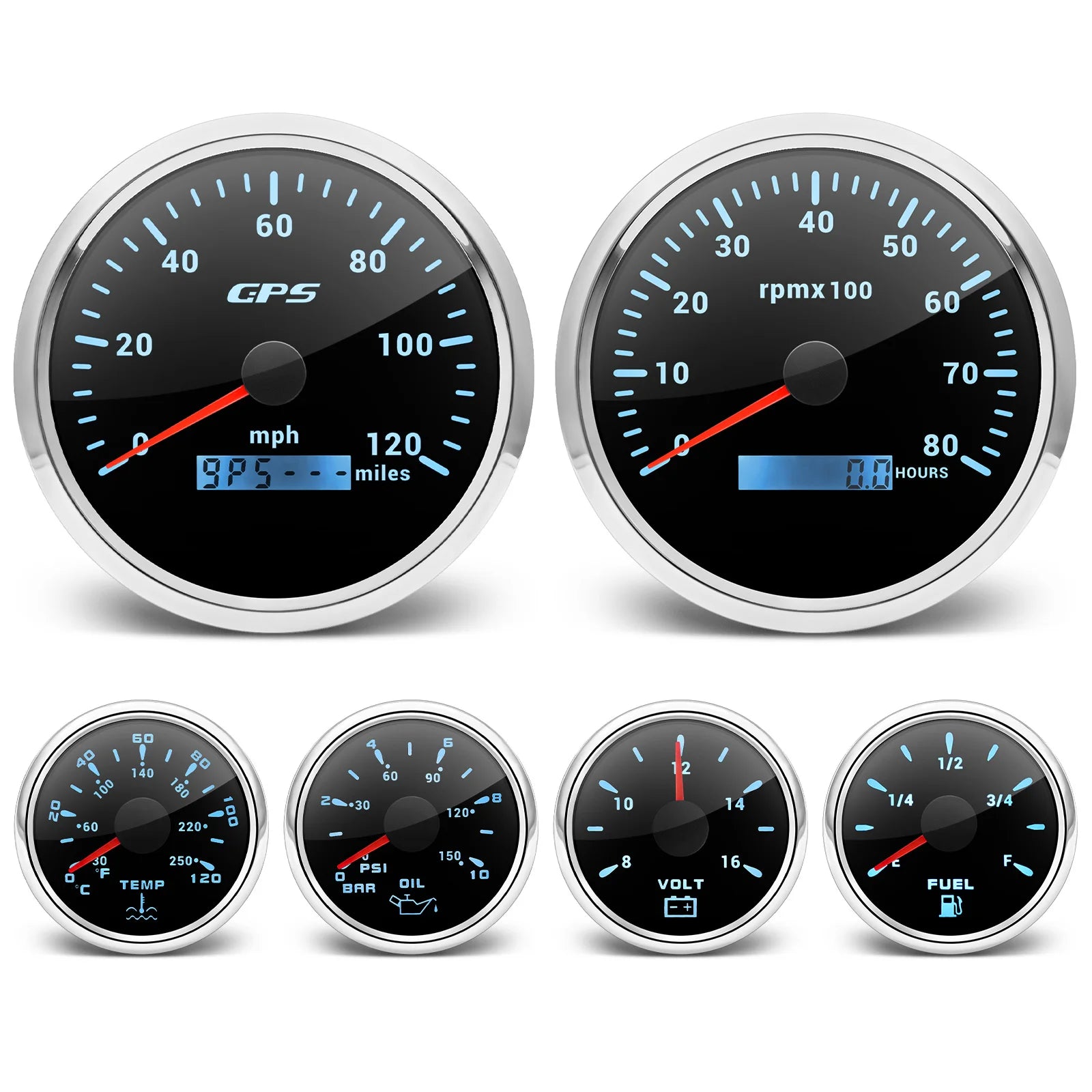 6 Gauge Set with GPS Speedometer, Tachometer, Voltmeter, and Sensors | 110mm and 52mm alternate view