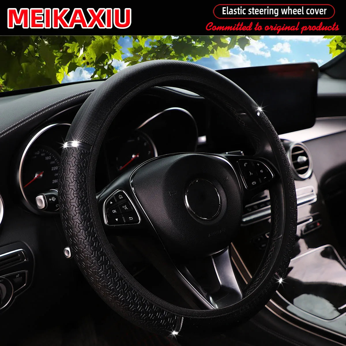 PU Leather Snowflake Steering Wheel Cover with Metal Strip 14.5-15 Inch Car Interior Accessory Rimle