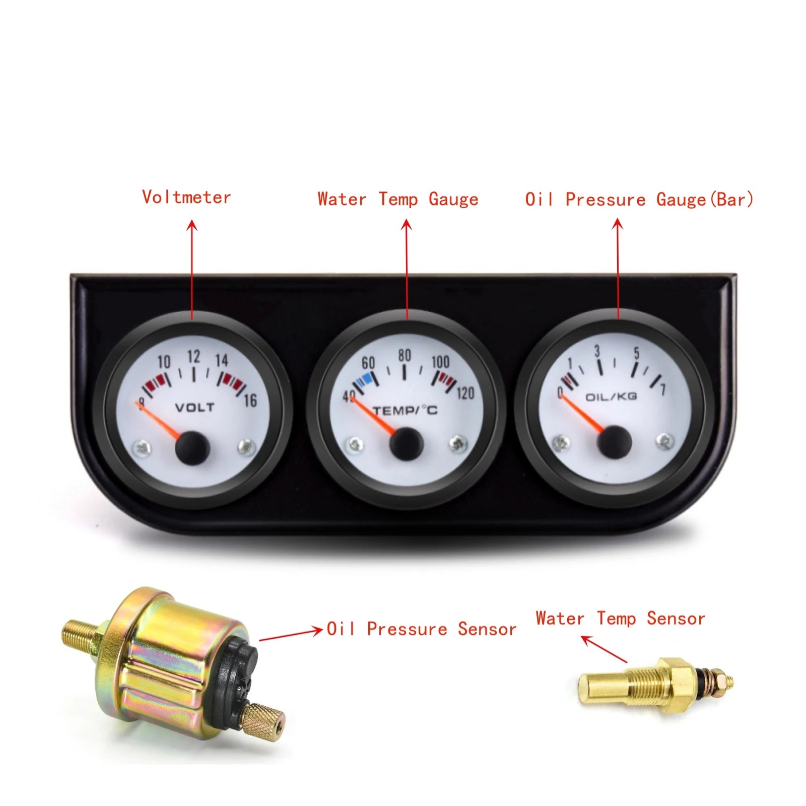 52mm 3 In 1 Triple Gauge Kit | Oil Pressure Voltmeter Water Temp with Sensors lifestyle view