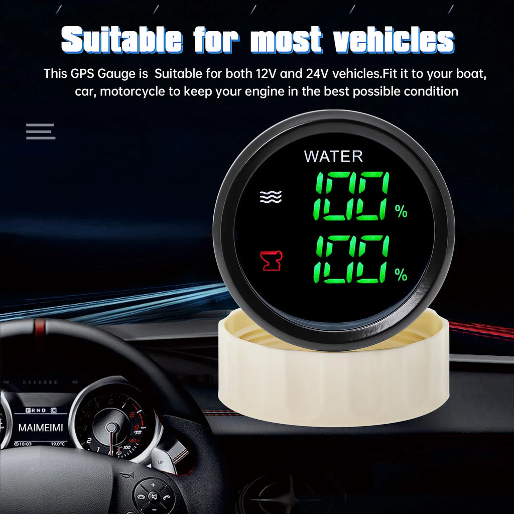 Green LED Digital 2 IN 1 52mm Gauge with Alarm 0-190ohm Water Level Meter+Sewage Level Meter for Water Sewage Level Sensor Car