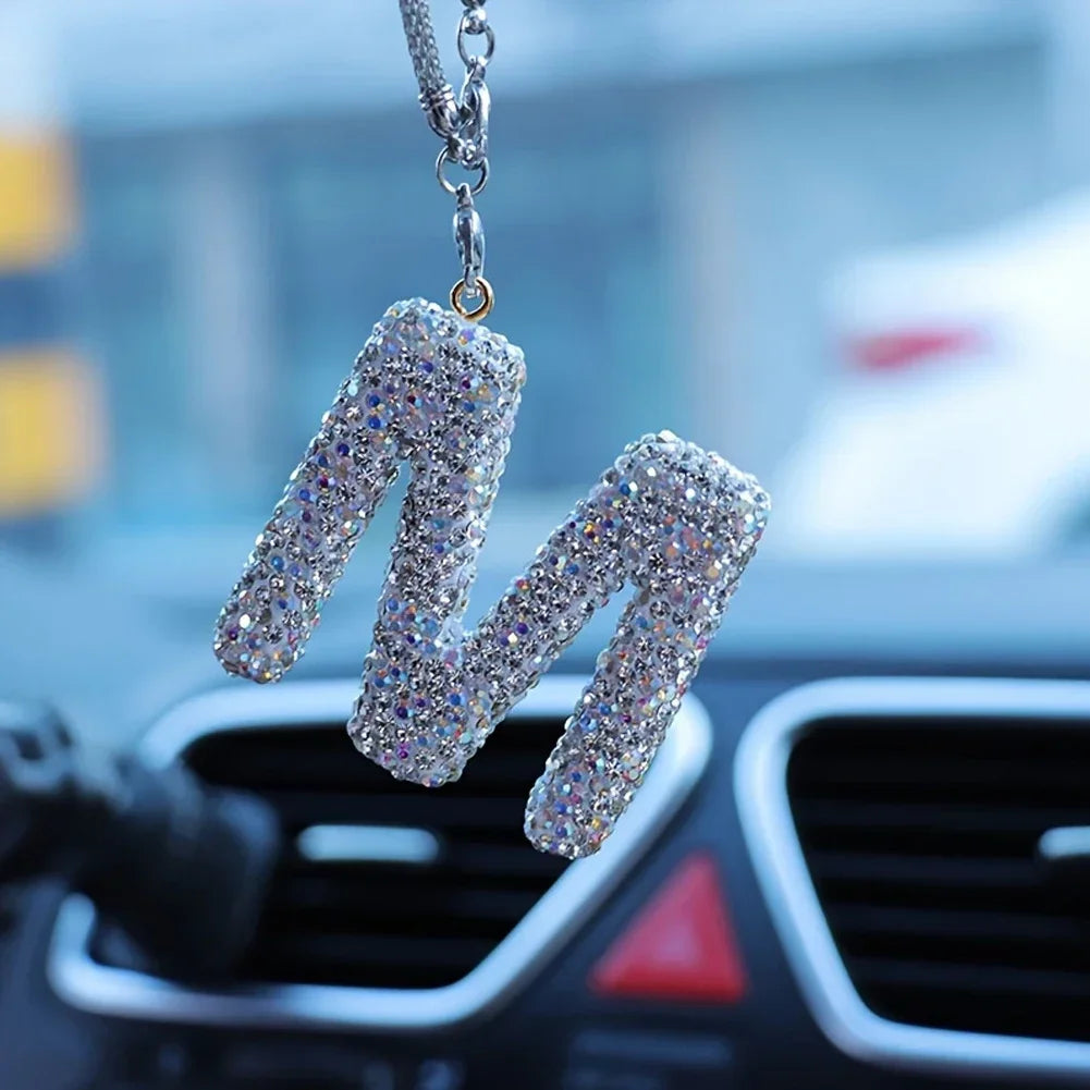 Letter Butterfly Knot Clay Car Interior Accessories Hanging Ornament Women's Rhinestone Car Rearview Mirror Pendant Drop