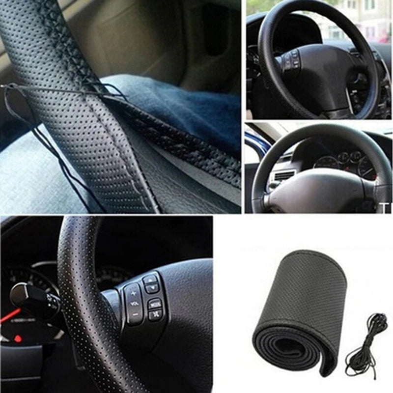 Car Steering Wheel Cover Needles And Braid Thread Artificial Leather Car Covers Suite close-up view