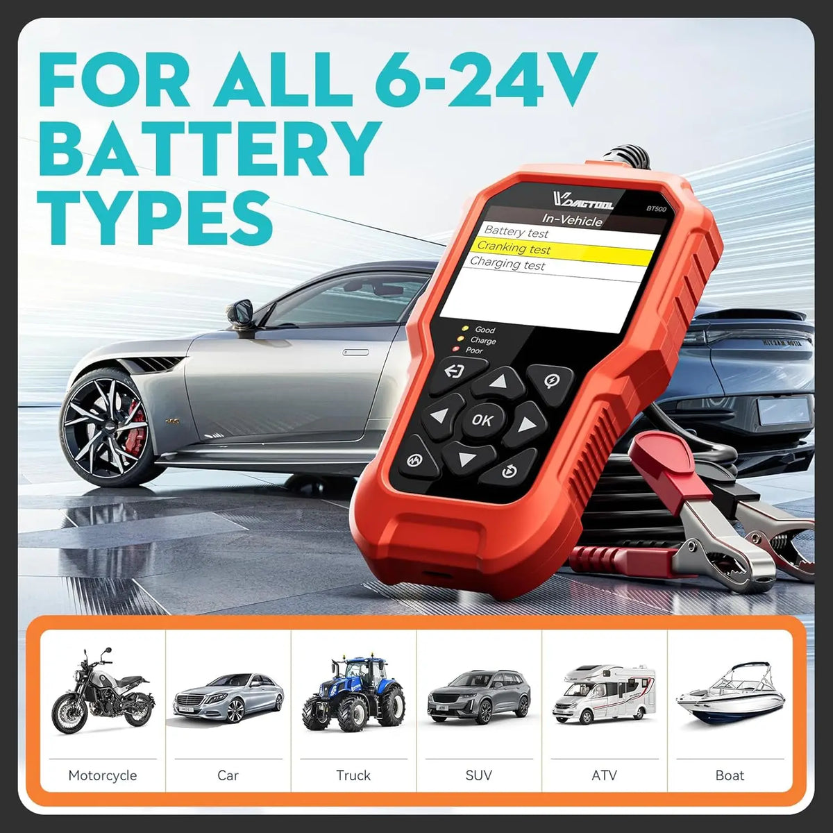 VDIAGTOOL BT500 9-24V Car Battery Tester 5-3000 CCA Automotive Alternator Tester Auto Battery Analyzer Charging Cranking Tester