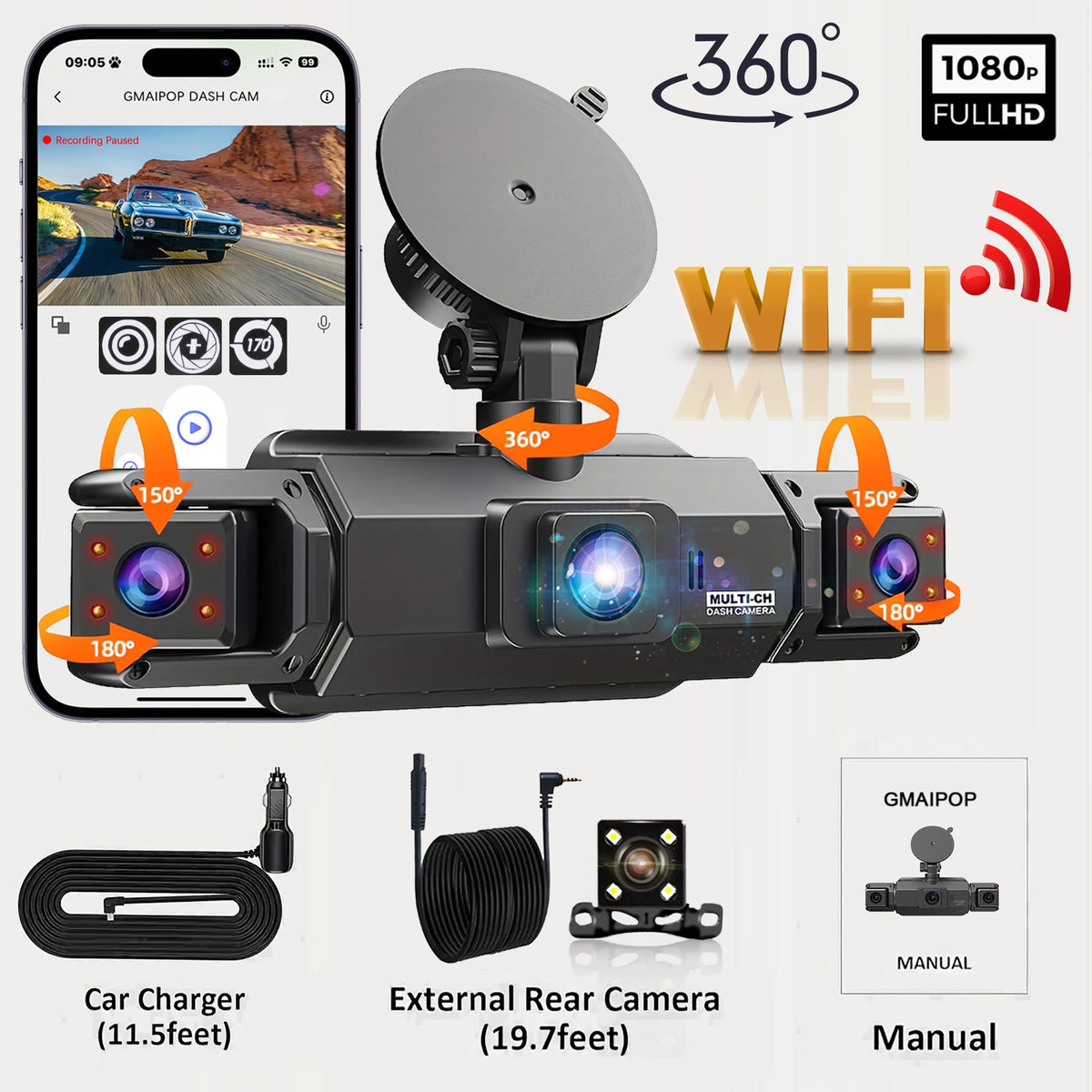 Dashcam for Cars 4 Channel Black Box WiFi Driving Camera FHD 1080P Night Vision Loop alternate view