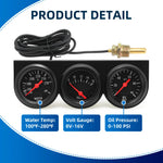 3 in 1 Car Meter Kit 52mm Voltmeter Water Temp Oil Press Black Chrome Bezel Triple Gauge detail view