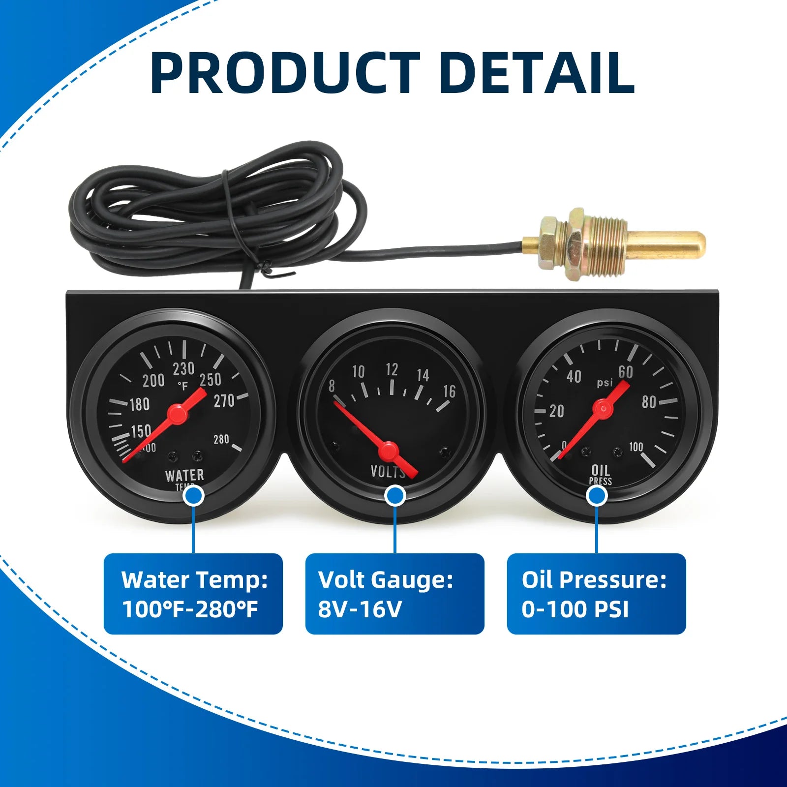 3 in 1 Car Meter Kit 52mm Voltmeter Water Temp Oil Press Black Chrome Bezel Triple Gauge detail view