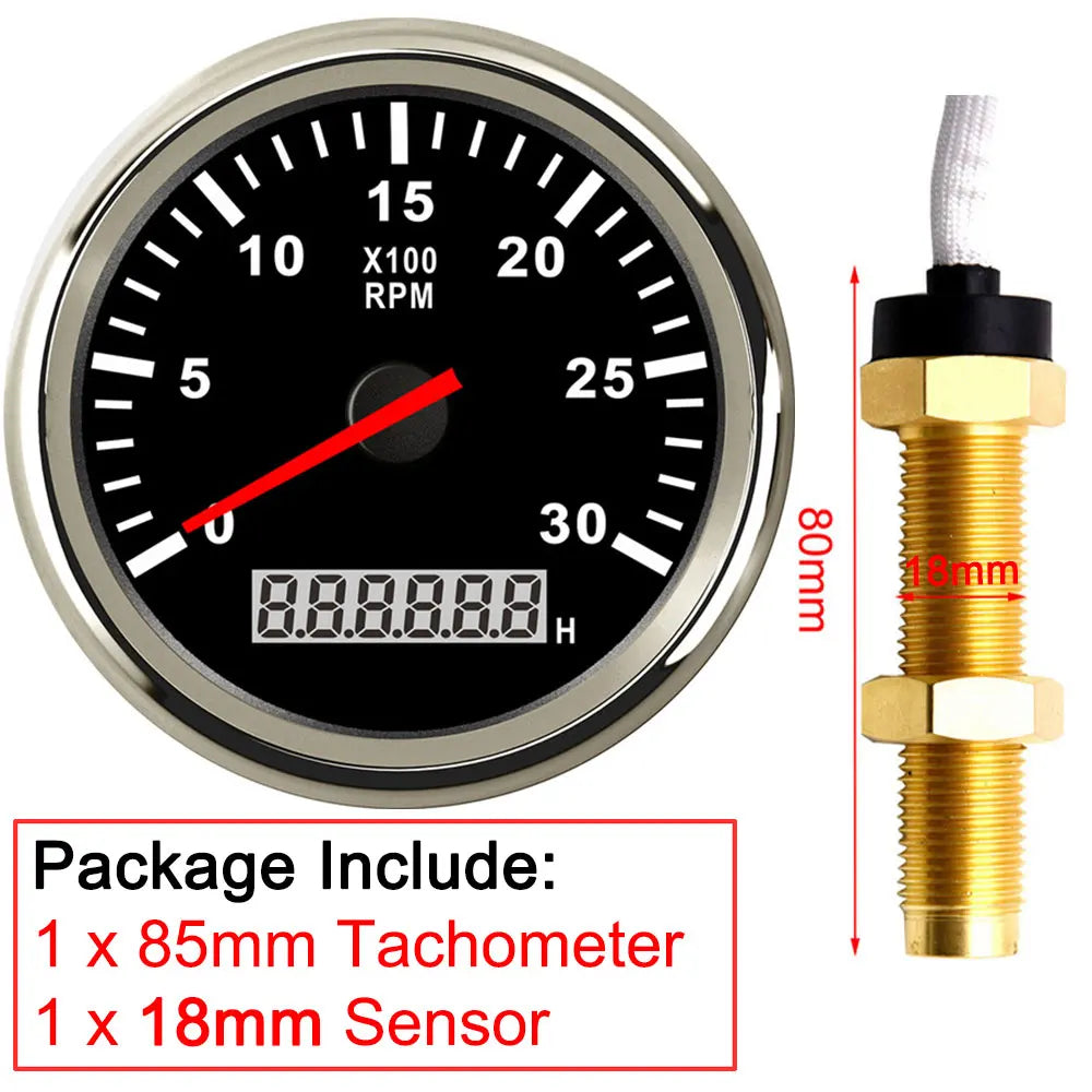 3000RPM Tachometer 85mm with Sensor | Diesel Engine Marine Boat Car RPM Gauge Hour Me alternate view