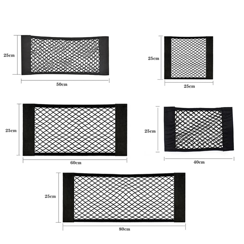 Car Seat Back Organizer Trunk Net Mesh Pocket Elastic String Net Magic Sticker Univer lifestyle view