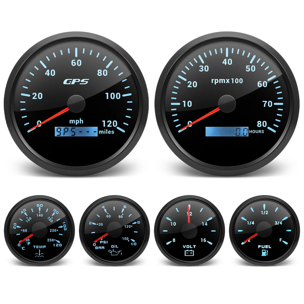 110mm Gauge+52mm Gauges 6 Gauge Set With Sensors 120MPH GPS Speedometer 8000rpm Tachometer Voltmeter Temp Press Fuel 240-33ohm