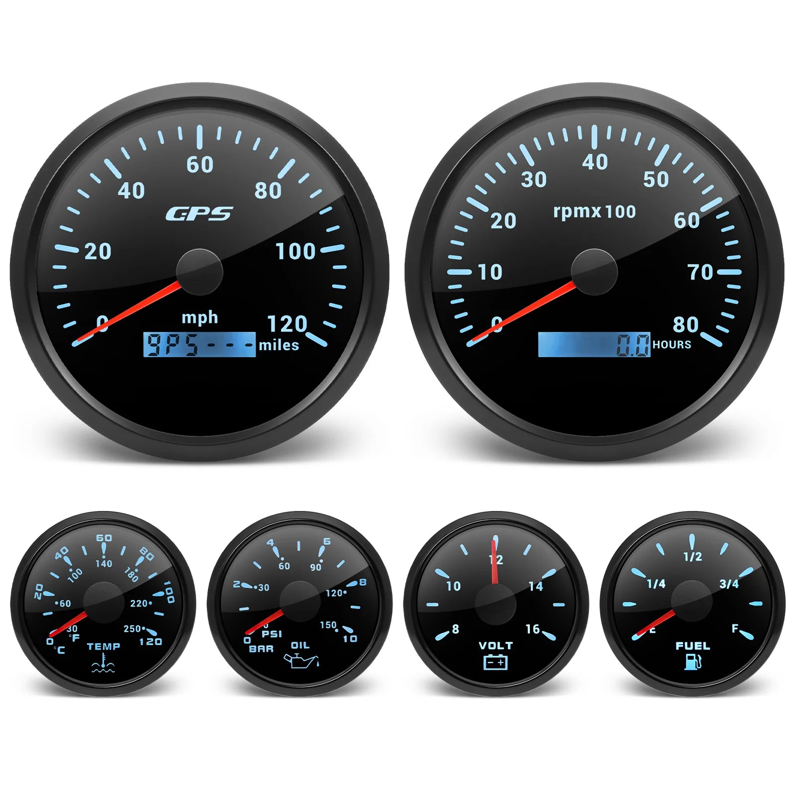 6 Gauge Set with GPS Speedometer, Tachometer, Voltmeter, and Sensors | 110mm and 52 additional angle