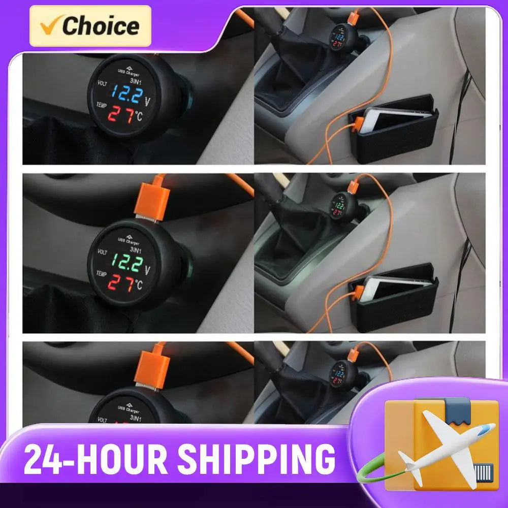 3 in 1 Car LED Digital Voltmeter Thermometer USB Charger | 12V/24V Digital Display Monitor
