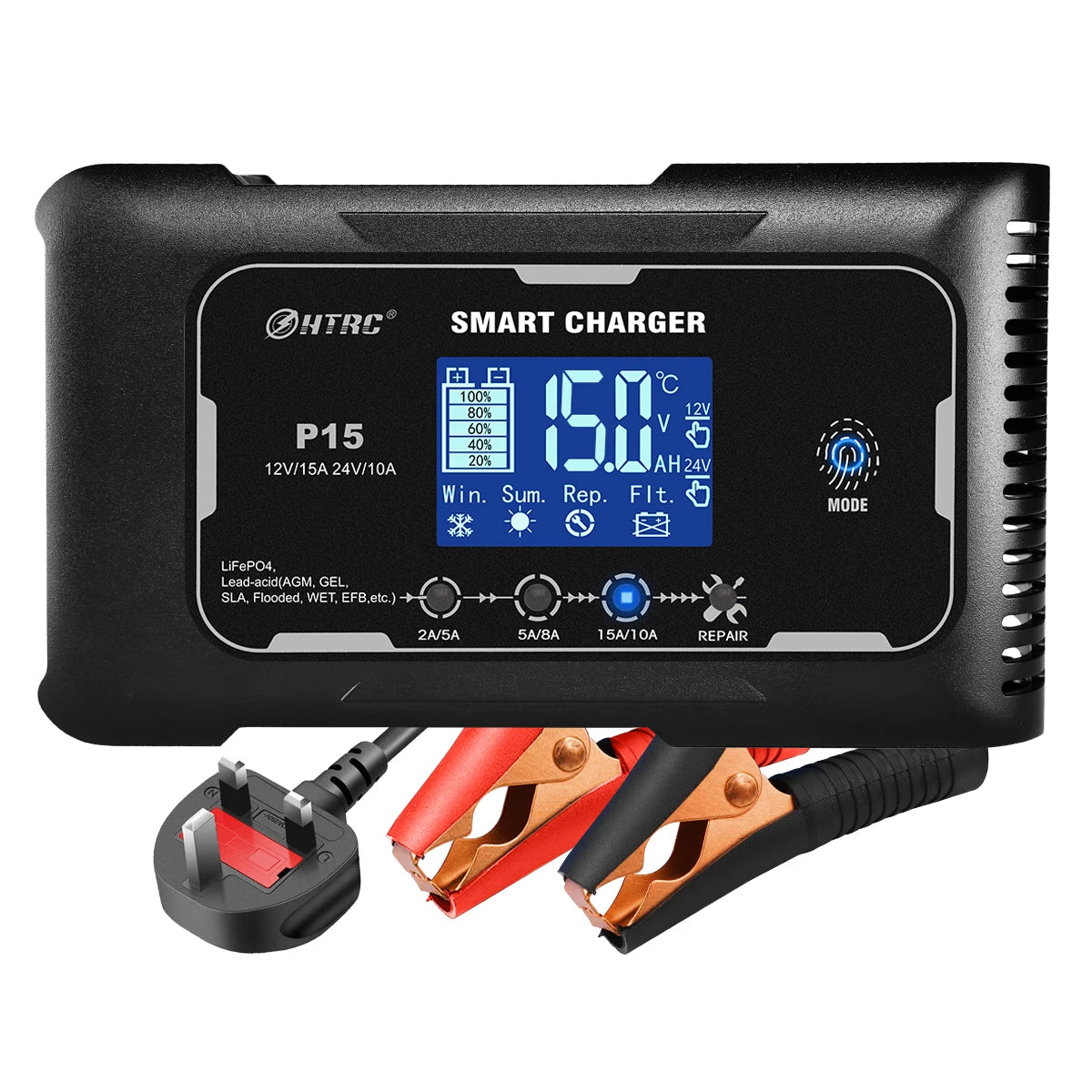 HTRC 20A/15A/10A Car Battery Charger LCD Automatic Pulse Repair Charger for Motorcycle Lead-Acid Lithium LiFePO4 AGM Wet Battery