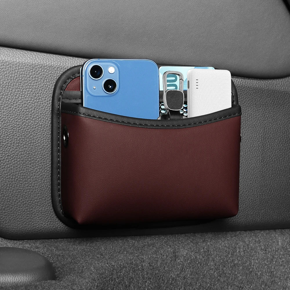Self Adhesive Car Storage Pocket | Sticky Organizer Bag for Seat Back, Side Door, and close-up view