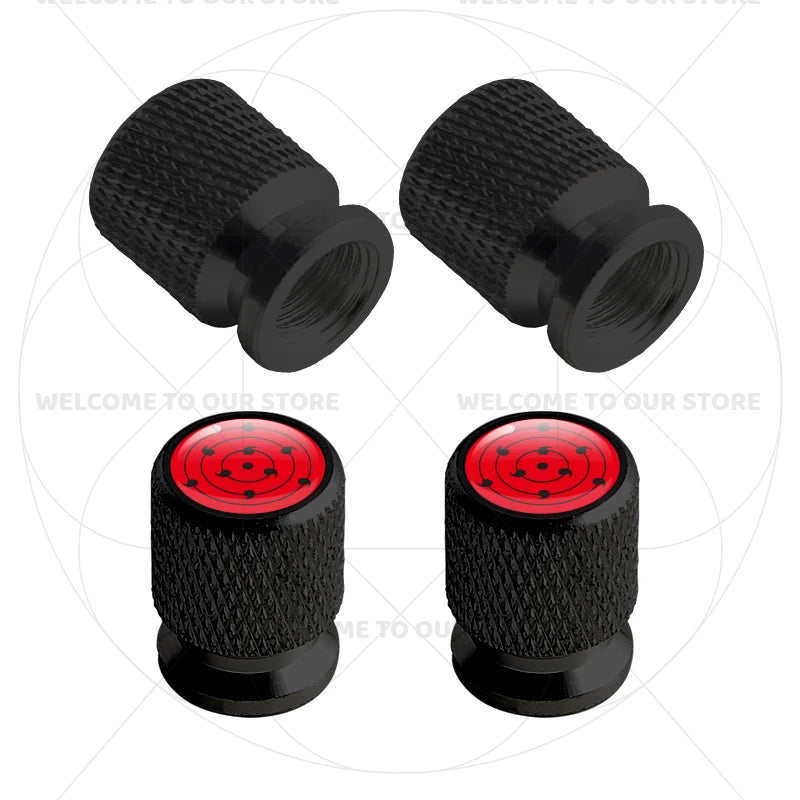 Itachi Rinnegan Sharingan Tire Valve Caps | 4pc Aluminum Anime Car Accessories lifestyle view