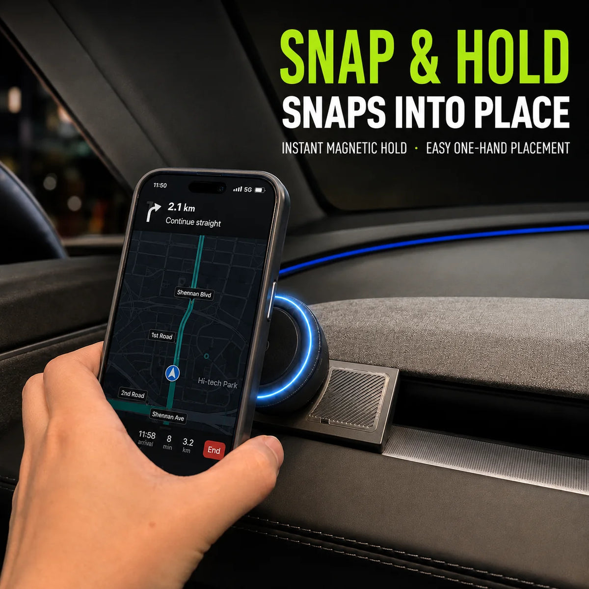 Magnetic Car Phone Mount for Tesla Model 3 Highland Model Y Juniper Model YL A-Pillar close-up view