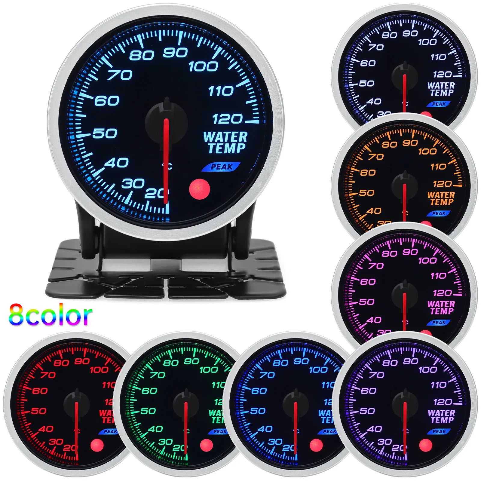 52mm 8 Color Car Gauge Kit | Oil Pressure PSI Water Temp Oil Temp EGT Boost Tachometer Fuel Level