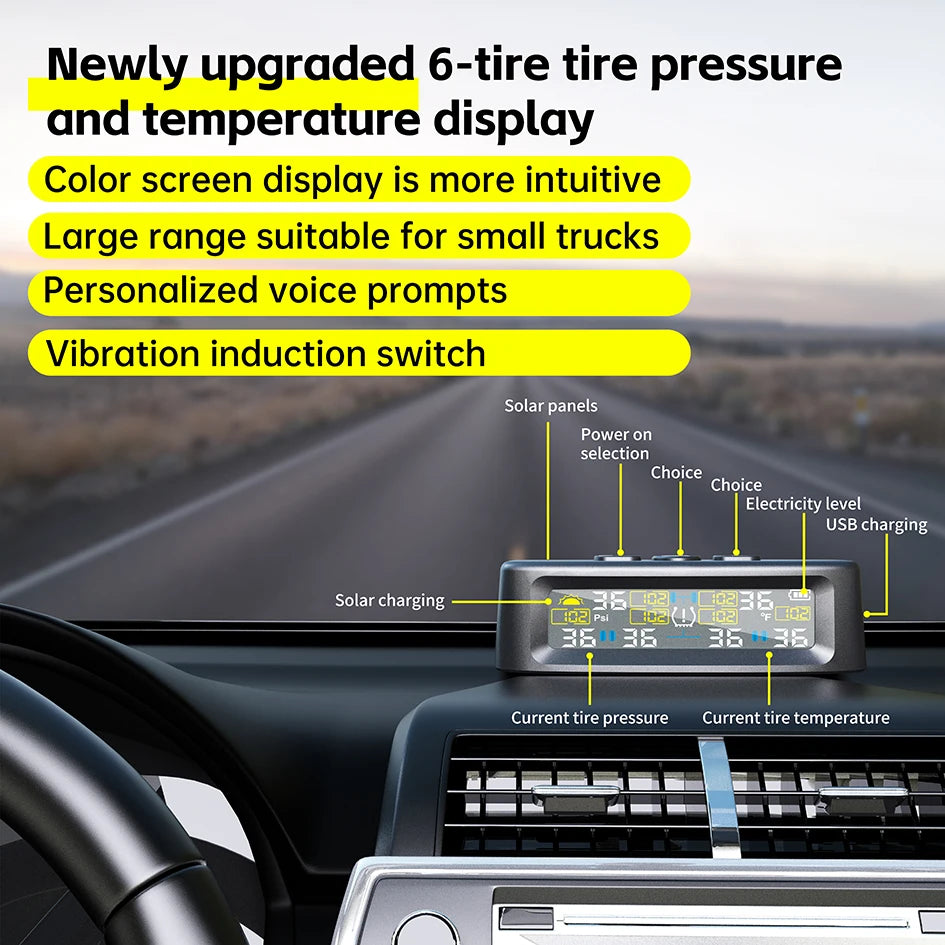 Tire Pressure Monitoring System | 6 Sensor Solar TPMS for Truck RV Bus close-up view