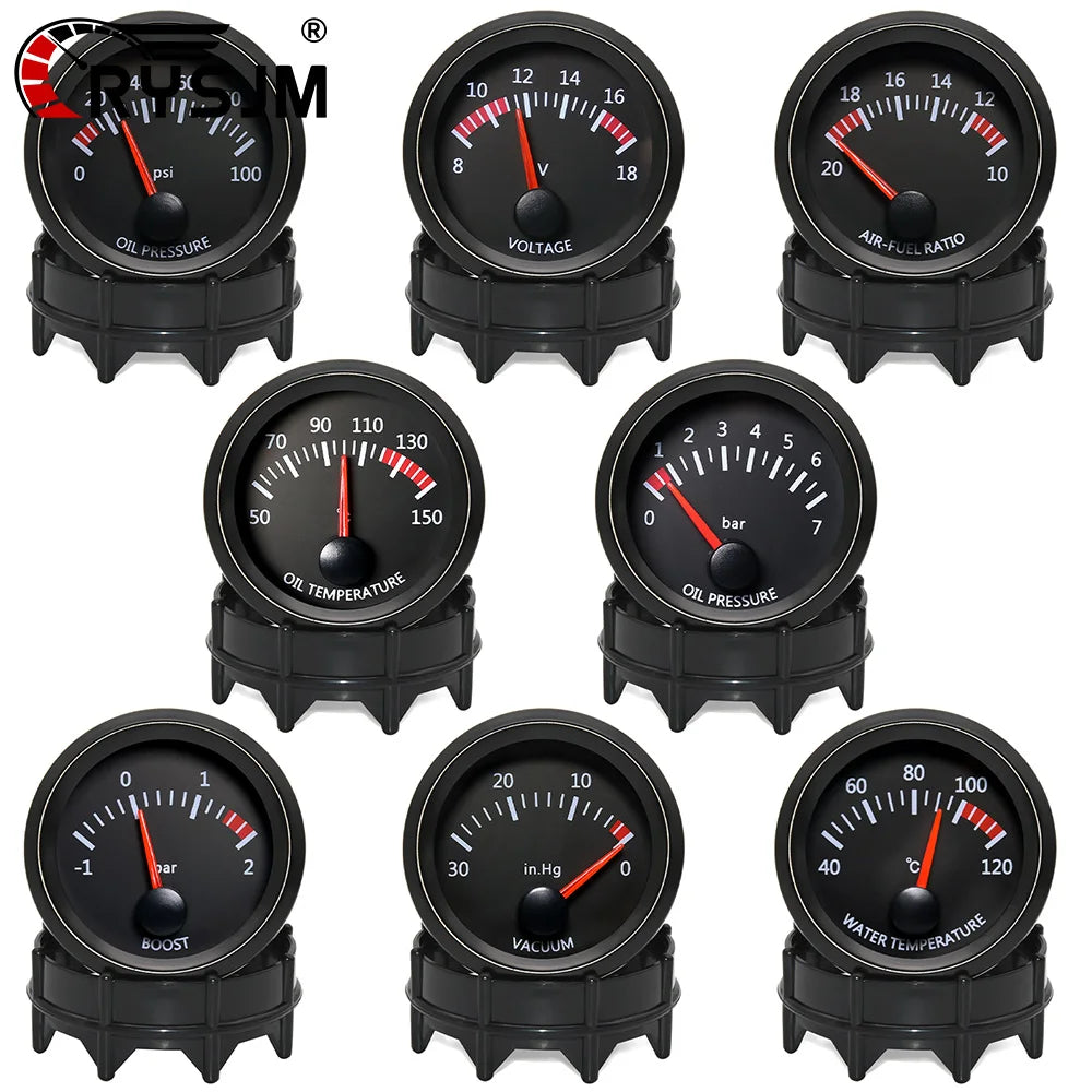 2'' 52MM Car Gauge 12V Water Temp Oil Temp Gauge Oil Press PSI BAR Volt Gauge Air Fuel Ratio Boost Vacuum Meter Black Face Gauge