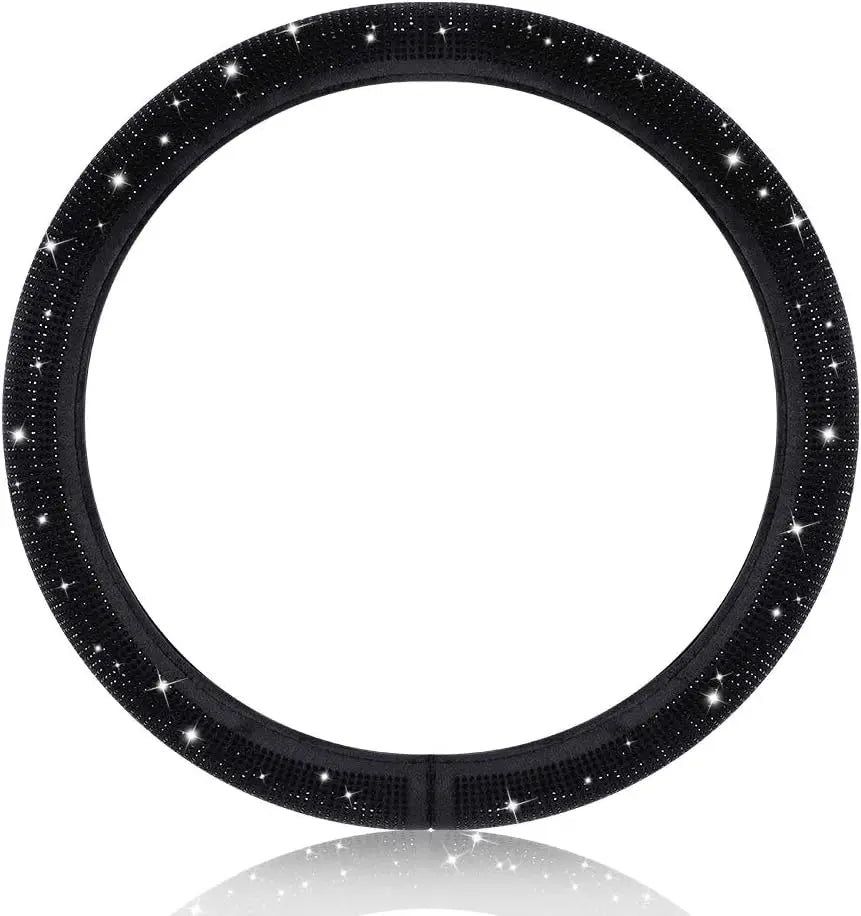 Universal Steering Wheel Cover with Black Crystal Rhinestones Car Breathable Anti-Slip Wheel Protect