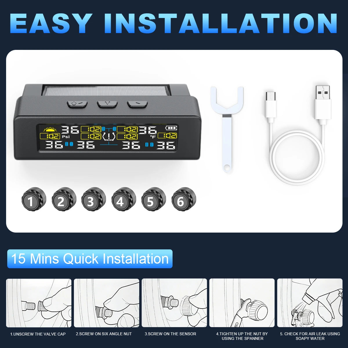T20 USB/Solar Charging TPMS Car Tyre Monitor with 4 or 6 External Temperature Sensors Digital LCD Display 0-9.9Bar Tire Pressure Gauge Universal Smart 433.92MHz Auto Security Alarm