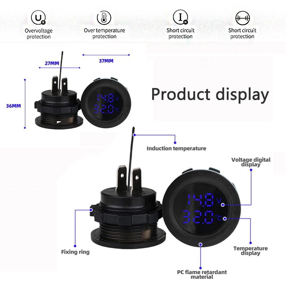 Car Round Temperature Voltmeter 12-24V Auto Voltage Meter Display Digital Measurement for Car Motorcycle Boat Thermometer