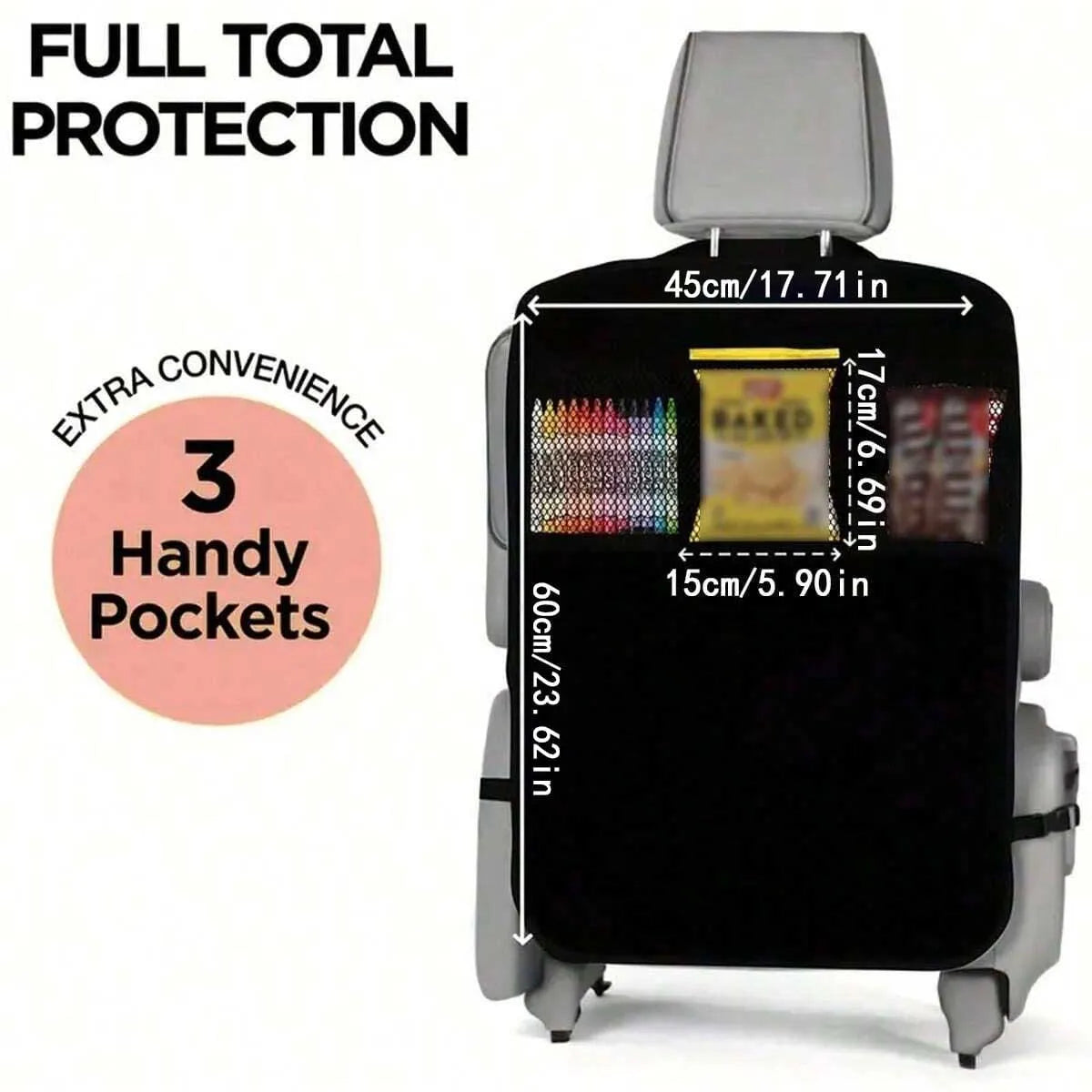 Car rear seat storage case with 3 storage pockets, oversized waterproof rear seat prot close-up view