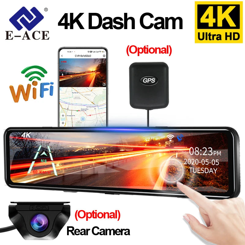 4K Rearview Mirror Dash Cam | 11.28" Touch Screen, Night Vision, GPS, Dual Lens