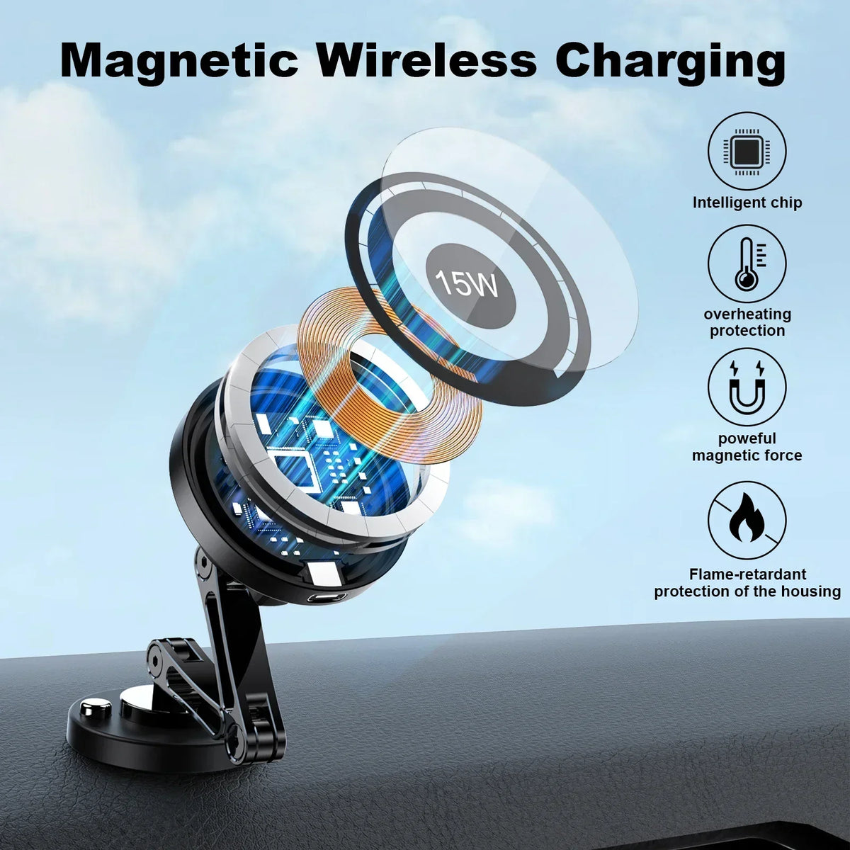 15W Magnetic Car Phone Holder Mount Wireless Charger Rotation Magnetic Car Phone Stand F detail view