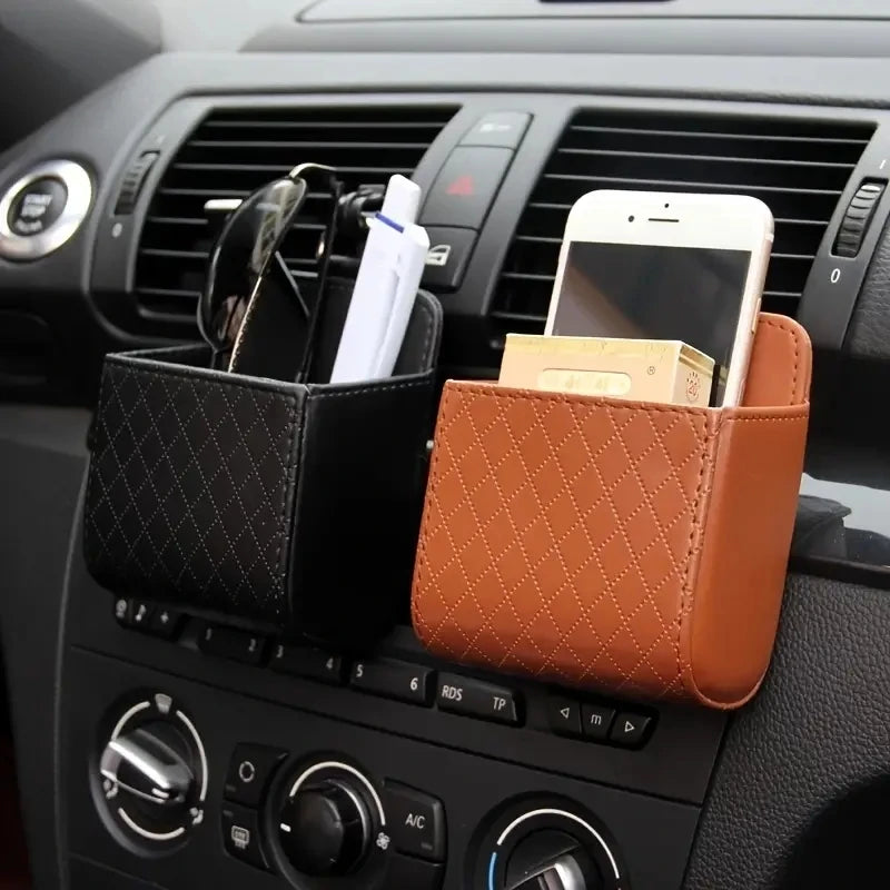 Car Phone Holder Air Vent Storage Box | PU Leather Car Organizer for Phone Glasses