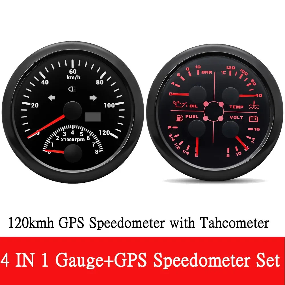 Dual Gauges Set 85MM GPS Speedometer Gauge 120kmh 200kmh & 4in 1 Fuel Level + Volt + Oil Press + Water Temp Meter For Marine Car