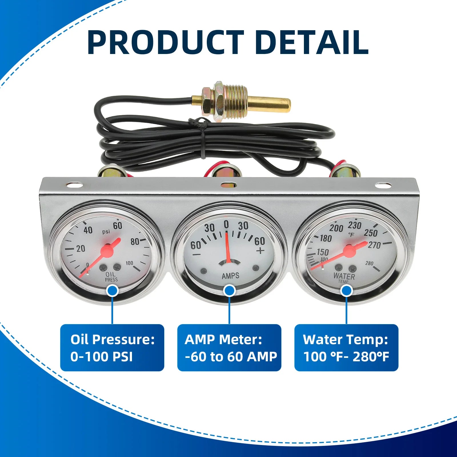2" 52mm 3 In 1 Auto Gauge Kit | Triple AMP Meter, Oil Pressure & Water Temp alternate view