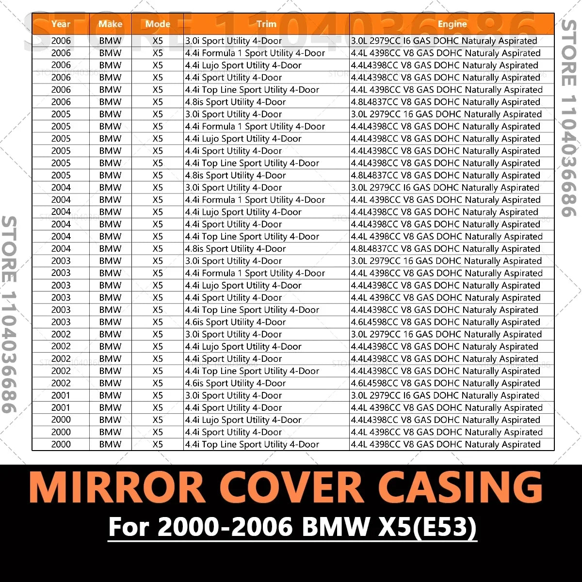 For 2000 2001 2002 2003 2004 2005 2006 BMW X5 3.0i  4.4i  4.8is E53 Wing Door Mirror Cover Casing