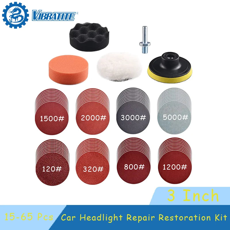15-65 Pcs Car Headlight Repair Restoration Kit 3 Inch 75mm Sanding Plate Waxing Sponge Sanding Pad f