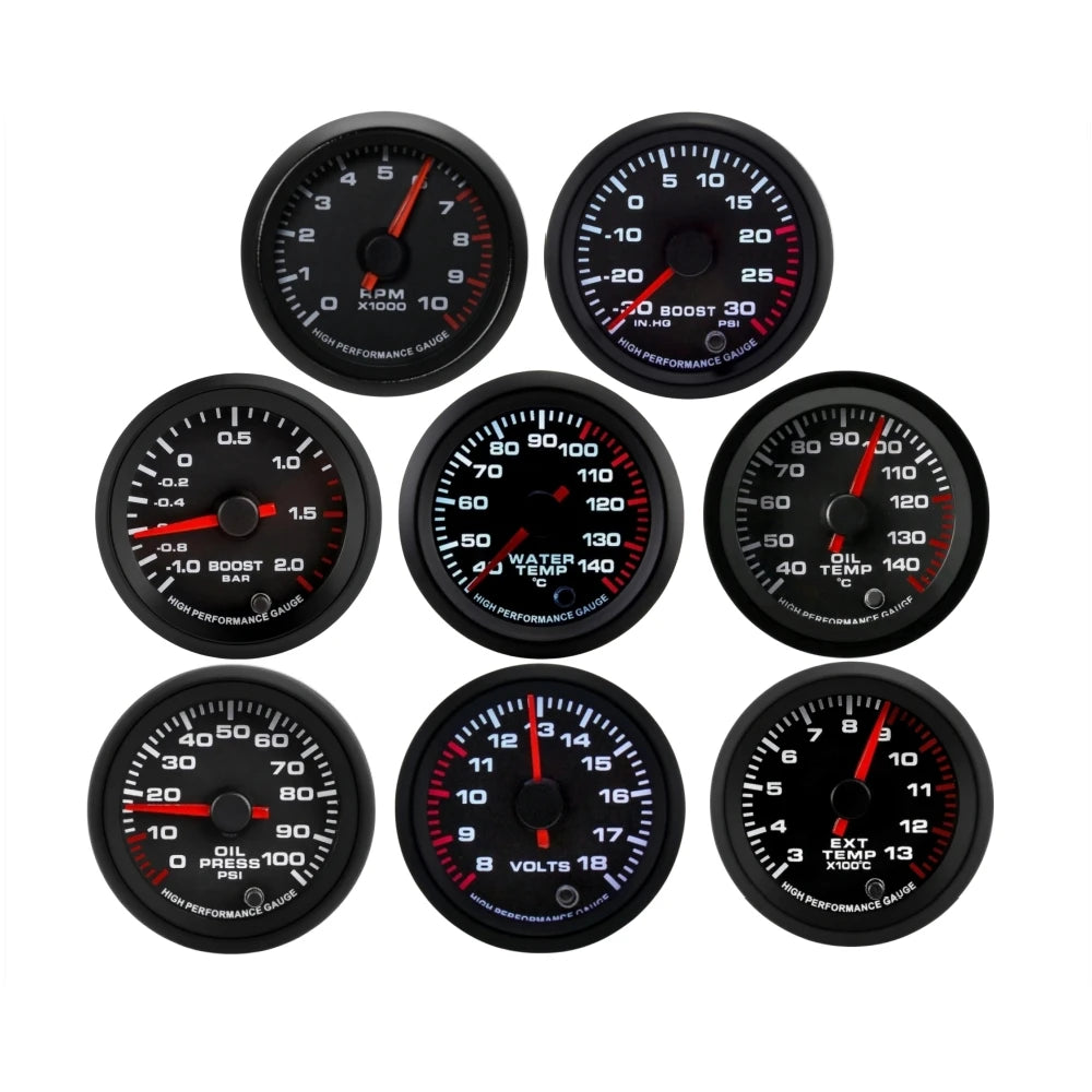 52mm 7-Color Car Gauge Set | Water Temp Oil Temp Oil Pressure Tachometer Boost Voltmeter EGT with Al