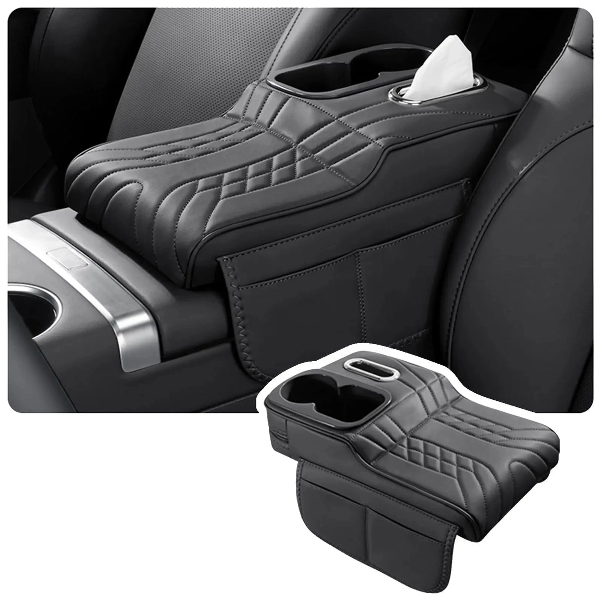 HTMCK Multifunctional Car Armrest Cushion, Center Console Cover with Tissue Holder, Cup Slot and Side Pockets