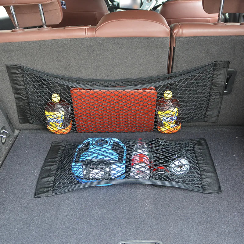 Car Seat Back Organizer Trunk Net Mesh Pocket Elastic String Net Magic Sticker Universal Portable St