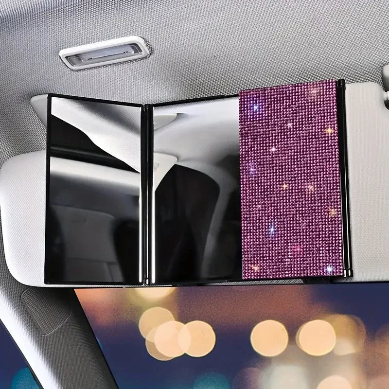 Rhinestone Crystal Car Rear View Mirror Makeup and Magnification Three-mirror Sun Visor Decor Cosmetic Mirror Auto Accessories