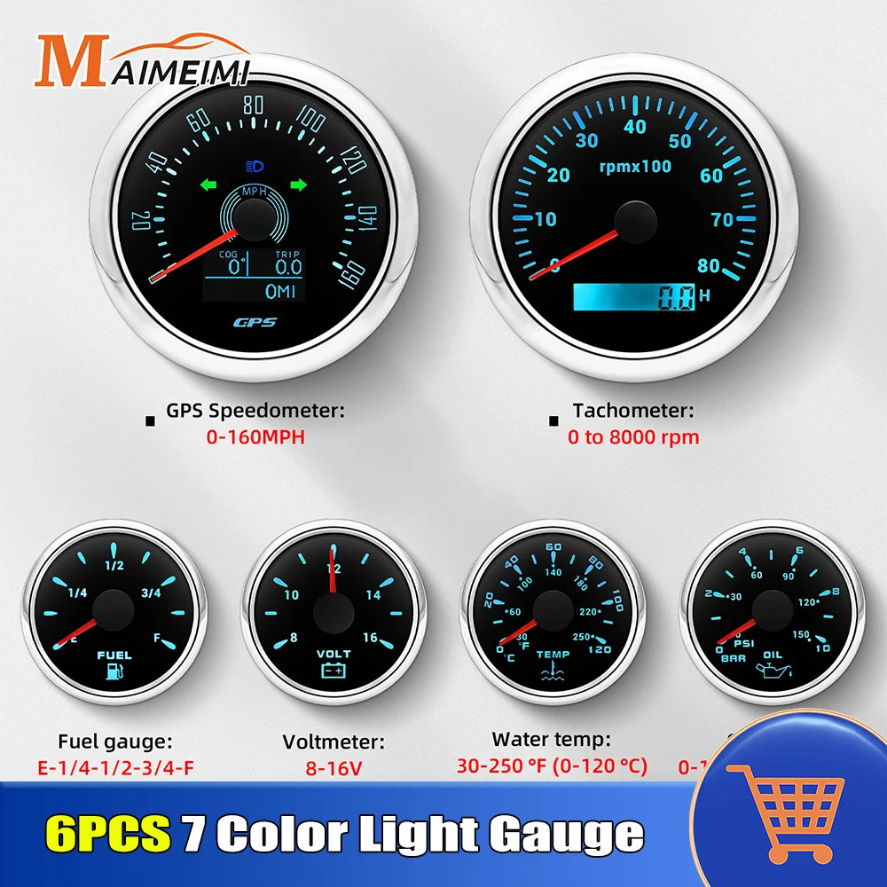 6pcs Gauge Set 160MPH 200km/h GPS Speedometer Tachometer Water Temp Fuel Voltmeter Oil Pressure Mete