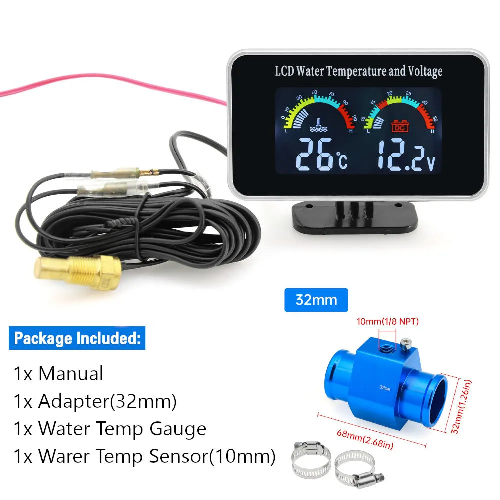 HD Car LCD Water Temperature Meter Thermometer Voltmeter Gauge 2in1 Temp&Voltage Meter 10mm Sensor 26~40mm Adapter(Option)12V/24