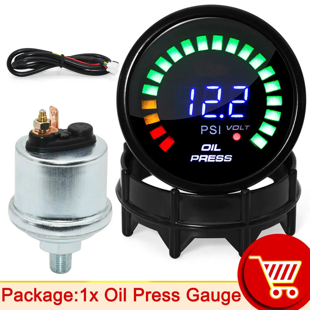 52MM Digital Car Gauge Set with 20 LED Display | Water Temp Oil Pressure Voltmeter AFR close-up view