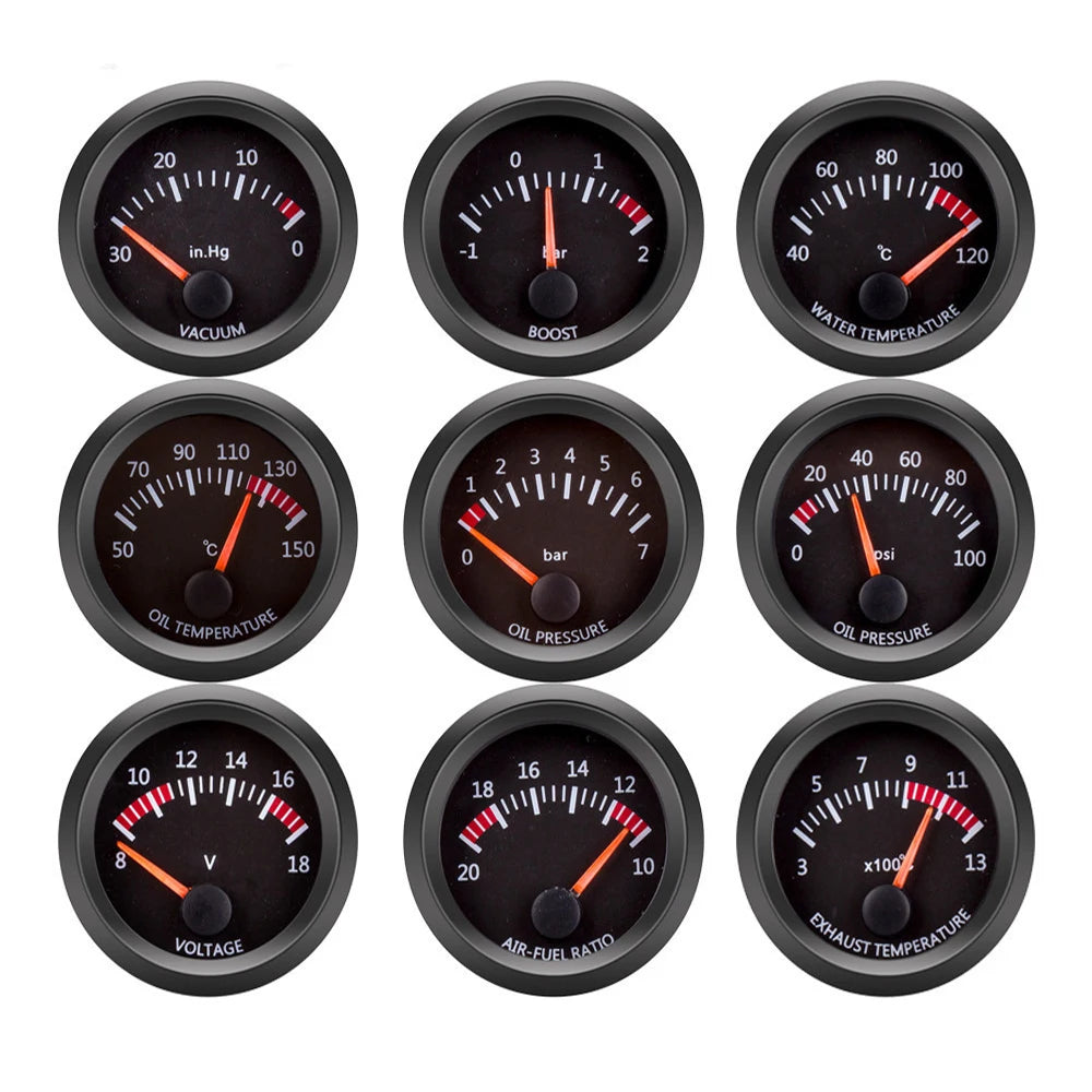 12V 52mm Car Gauge Set | Water Temp Oil Temp Voltmeter Oil Press Vacuum Boost Air Fuel Ratio EGT