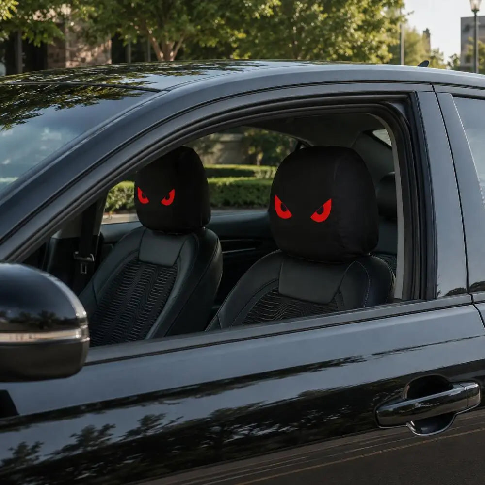 2Pcs Car Headrest Covers with Evil Red Fluorescent Eyes Print, 2D Flat Printed, High E close-up view