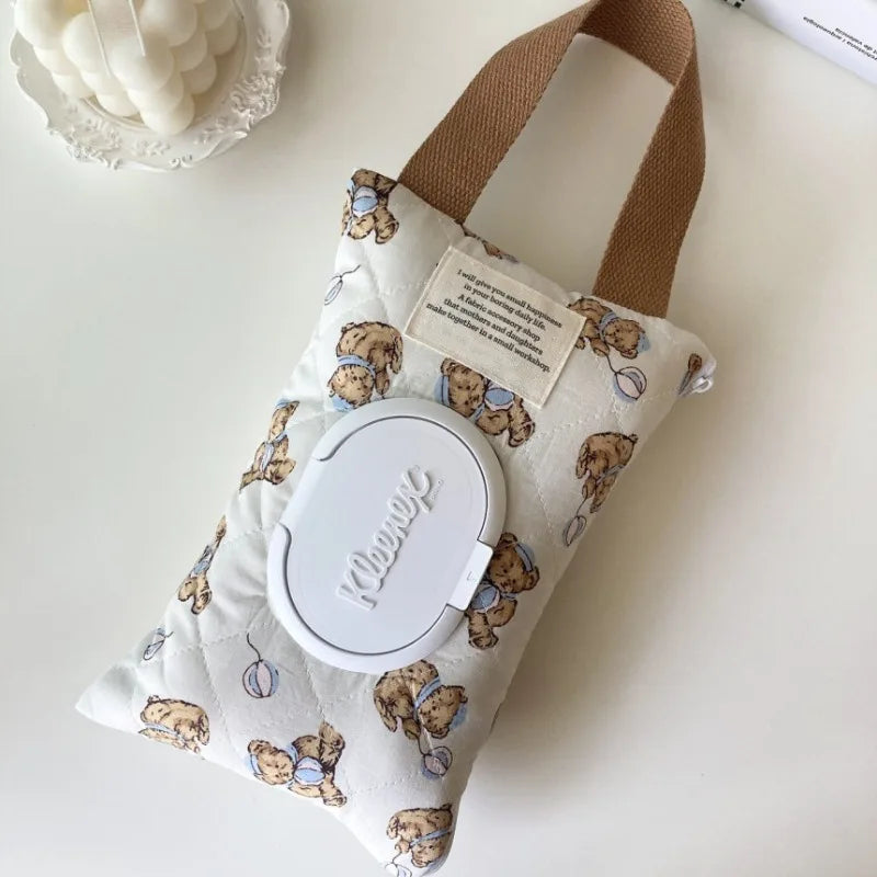 Korean Quilted Tissue Pouch Bear Car Organizer Balloon Wipes Case Ins Style Hanging Dispenser Stroll