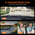 Dash Cam for Cars 3 Channel Car DVR 4K Camera Video Recorder Front and Rear Inside View Camera for Vehicle Three Way Dashcam