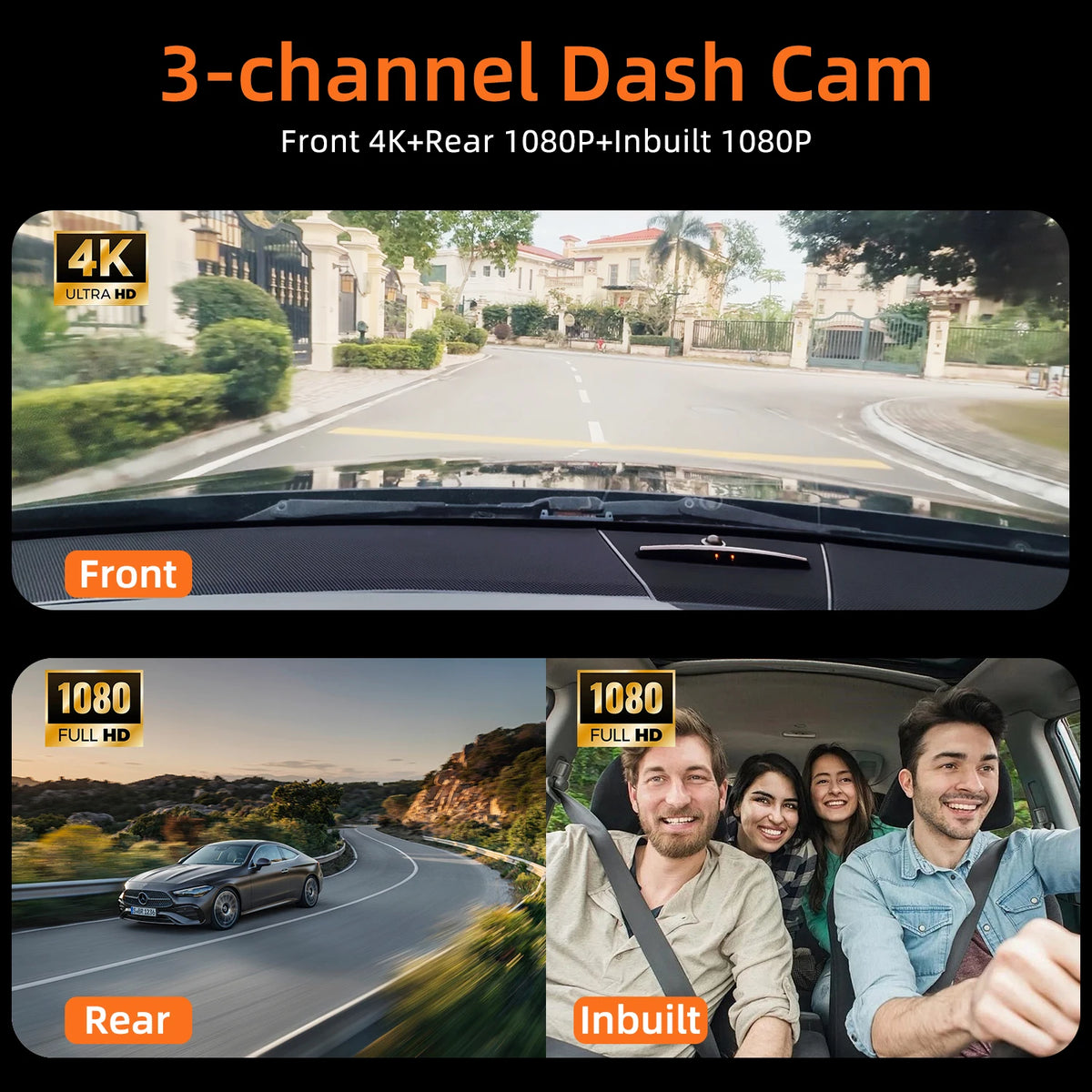 Dash Cam for Cars 3 Channel Car DVR 4K Camera Video Recorder Front and Rear Inside View Camera for Vehicle Three Way Dashcam