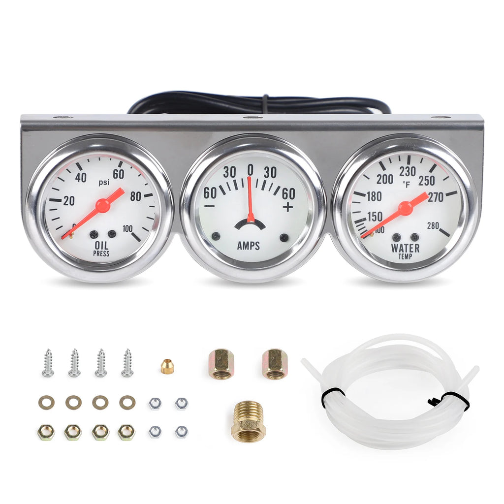 Oil Pressure Water Temp Voltmeter 3 in 1 Gauge Kit | 52mm Triple Gauge Mechanical Chr alternate view