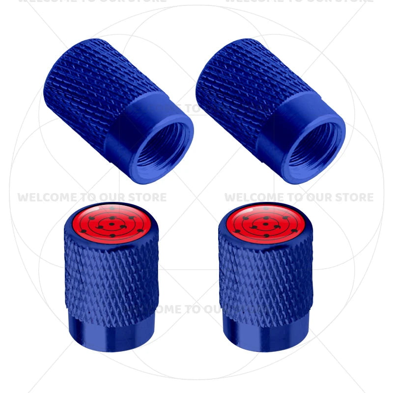 Itachi Rinnegan Sharingan Tire Valve Caps | 4pc Aluminum Anime Car Accessories close-up view